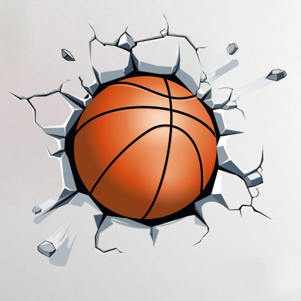 Bola de basquetebol a sair da parede. Autocolante decorativo de parede.