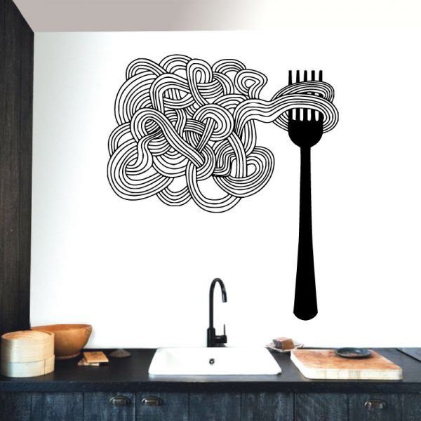 Garfo e espaguete, autocolante de cozinha decorativo. 