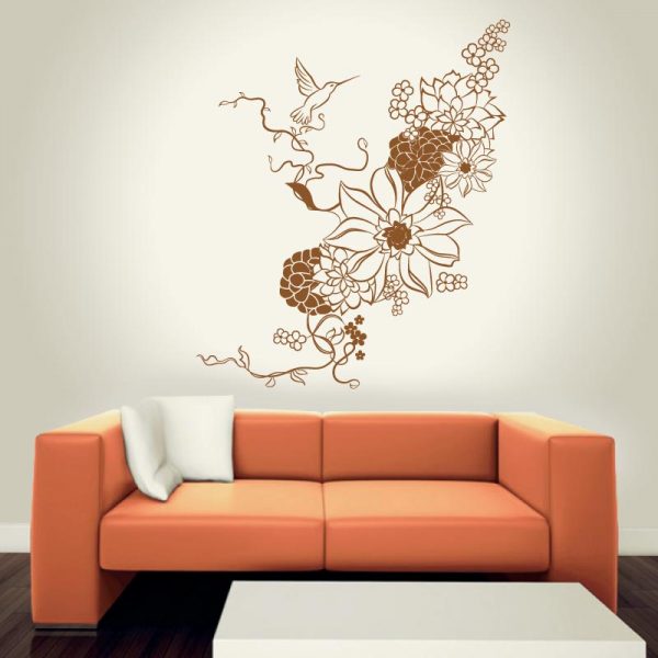 Floral Colibri em vinil autocolante decorativo de parede