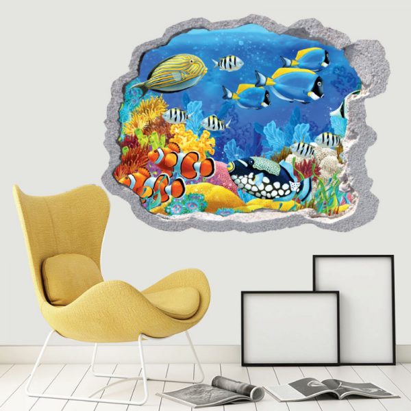 Buraco na parede fundo do mar coral, vinil autocolante decorativo que simulam o efeito de um buraco na parede.