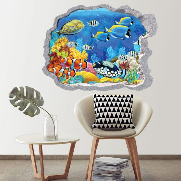 Buraco na parede fundo do mar coral, vinil autocolante decorativo que simulam o efeito de um buraco na parede.