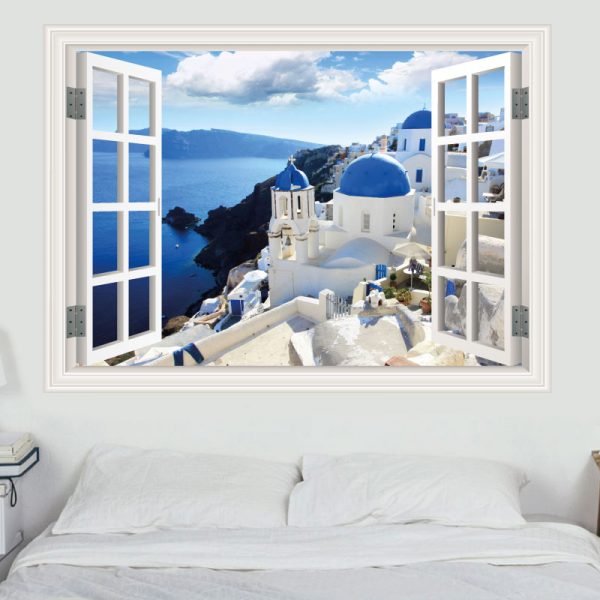 Janela Santorini Grécia, autocolante de parede decorativo. Autocolante que simula o efeito de uma janela