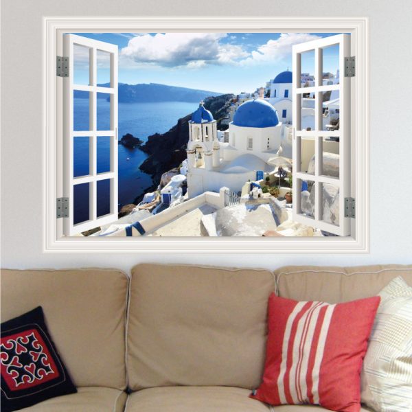 Janela Santorini Grécia, autocolante de parede decorativo. Autocolante que simula o efeito de uma janela