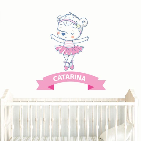 Ursinha bailarina autocolante infantil personalizado com nome, autocolante para decoração de quartos de criança. Impresso e recortado a volta.
