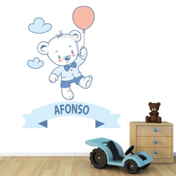 Ursinho autocolante infantil personalizado com nome, autocolante para decoração de quartos de criança. Impresso e recortado a volta