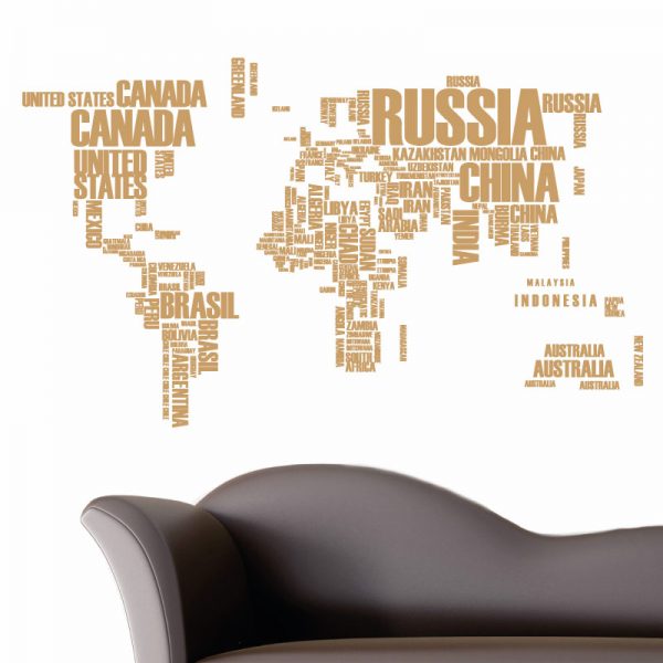 Mapa do mundo com nomes dos países em vinil autocolante decorativo de parede