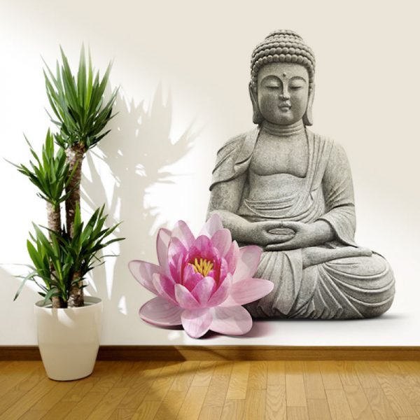 Buda estatua Zen com flor rosa, autocolante de parede decorativo