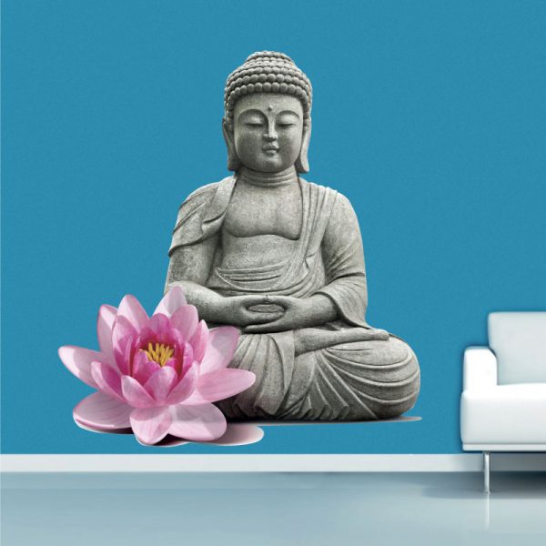 Buda estatua Zen com flor rosa, autocolante de parede decorativo