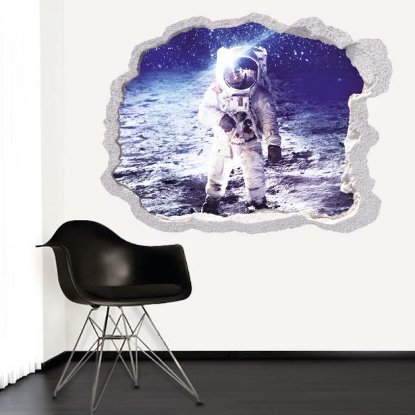 Buraco na parede astronauta na lua, vinil autocolante de parede que simulam o efeito de um buraco na parede
