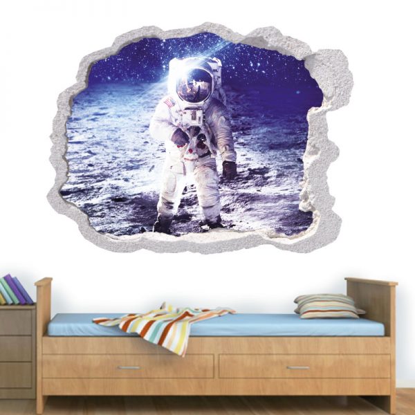 Buraco na parede astronauta na lua, vinil autocolante de parede que simulam o efeito de um buraco na parede