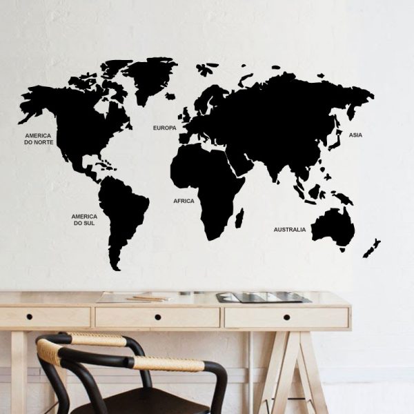 Mapa mundo com nomes dos continentes, autocolante decorativo de parede.