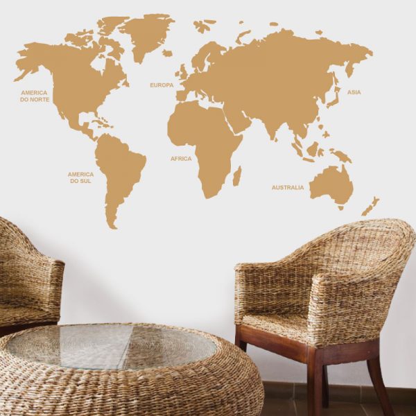 Mapa mundo com nomes dos continentes, autocolante decorativo de parede.