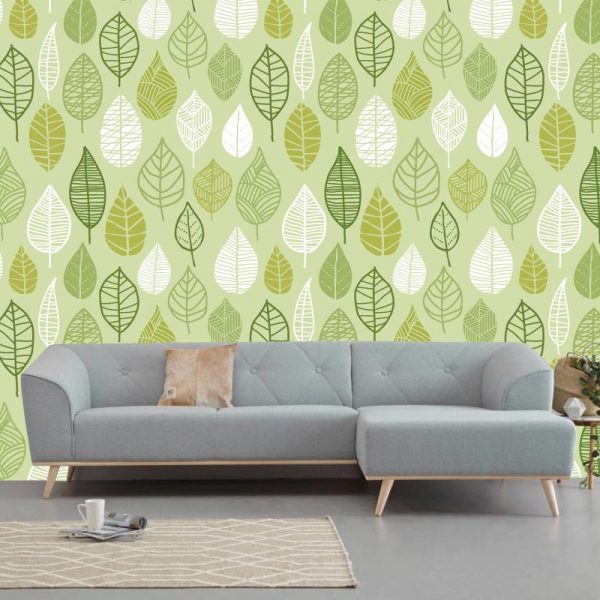 Papel de parede Folhas retro verdes padrão em vinil autocolante decorativo