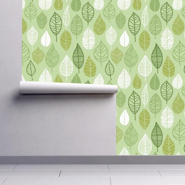 Papel de parede Folhas retro verdes padrão em vinil autocolante decorativo